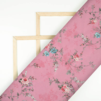 Amaranth Pink And Blue Floral Pattern Digital Print Crepe Silk Fabric