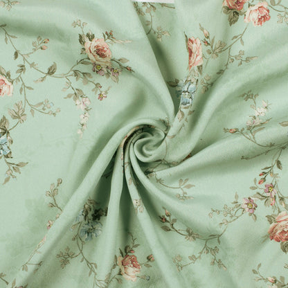 Pistachio Green And Blue Floral Pattern Digital Print Crepe Silk Fabric