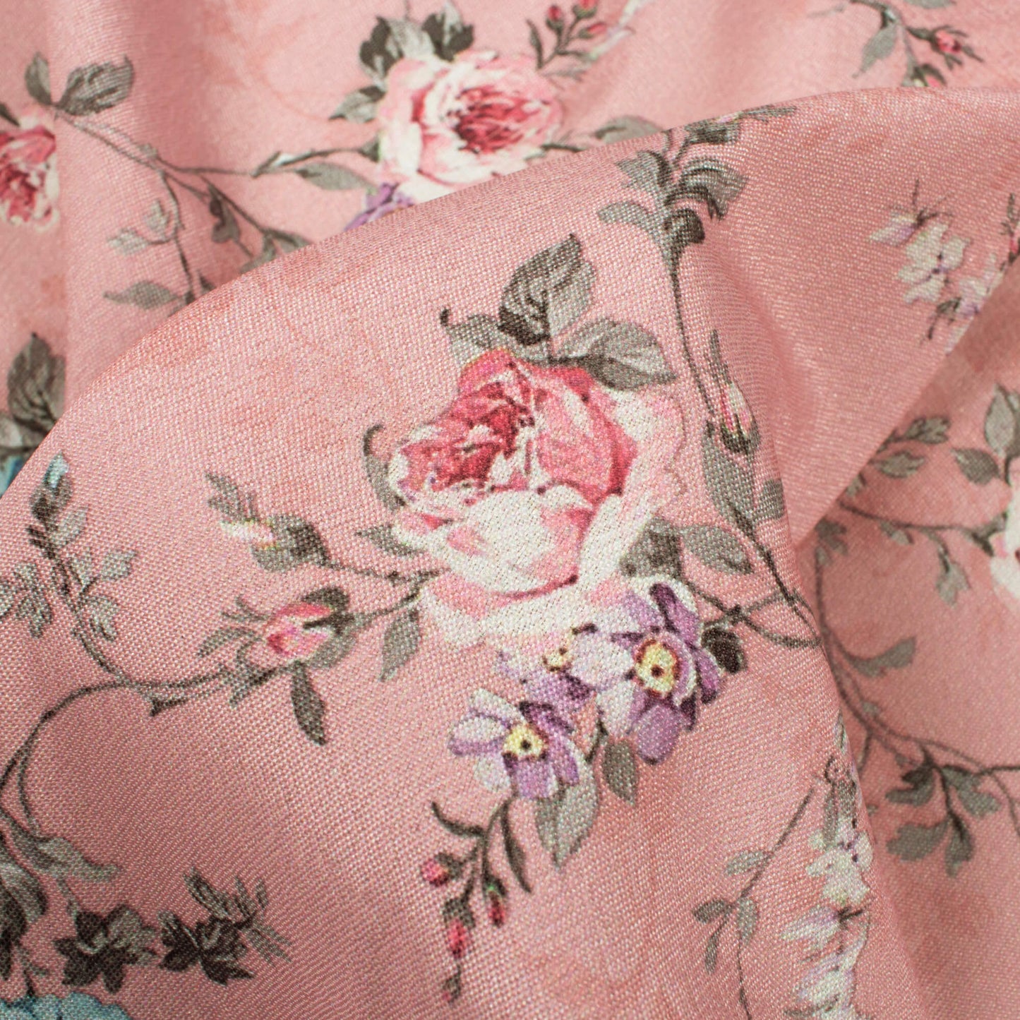 Baby Pink And Blue Floral Pattern Digital Print Crepe Silk Fabric