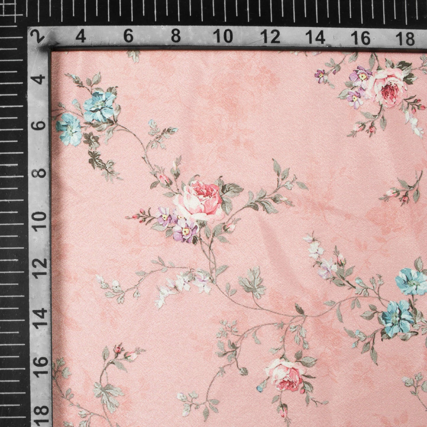 Baby Pink And Blue Floral Pattern Digital Print Crepe Silk Fabric