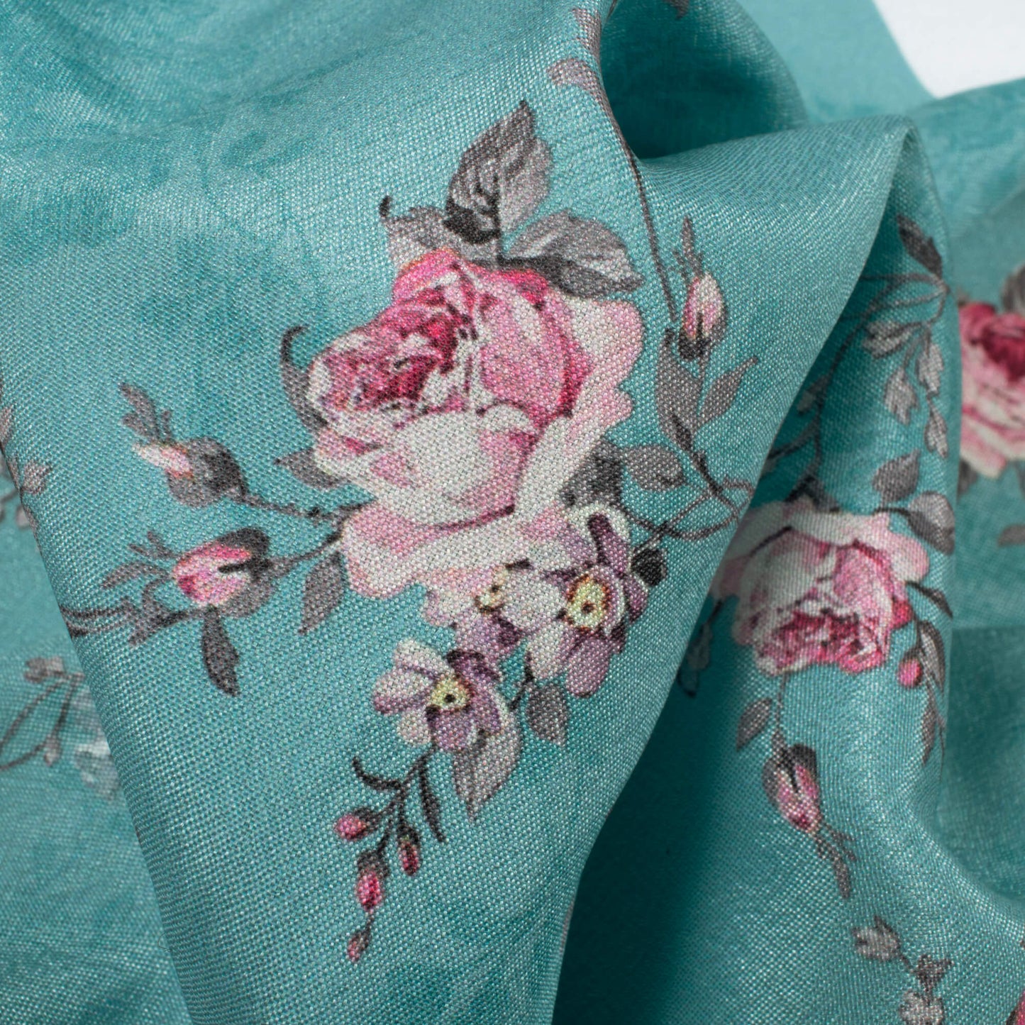 Sky Blue And Pink Floral Pattern Digital Print Crepe Silk Fabric