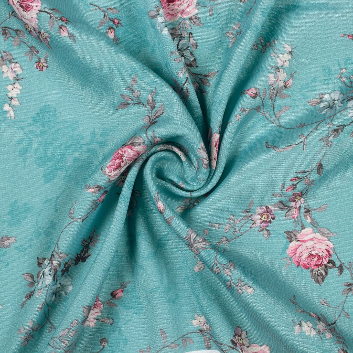 Sky Blue And Pink Floral Pattern Digital Print Crepe Silk Fabric