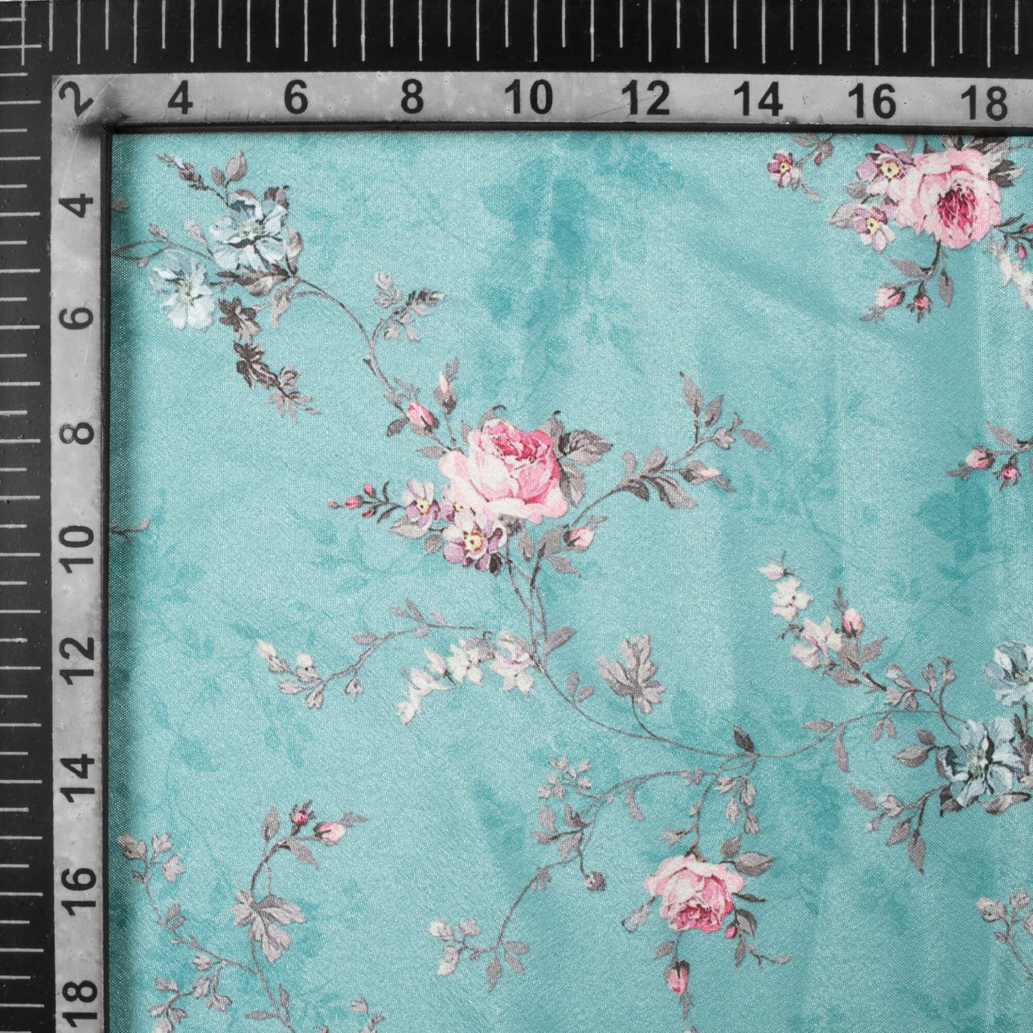 Sky Blue And Pink Floral Pattern Digital Print Crepe Silk Fabric