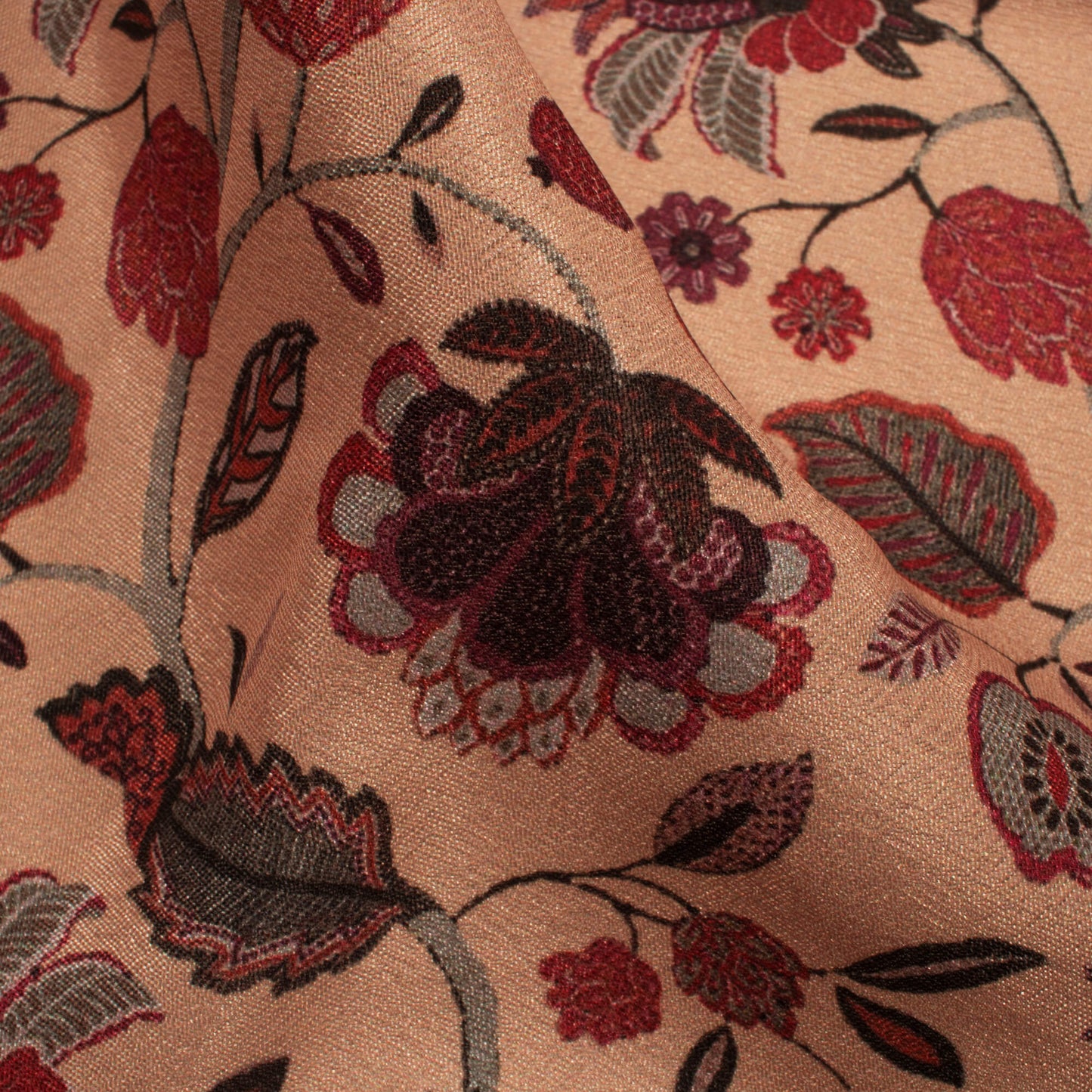 Tan Beige And Maroon Floral Pattern Digital Print Crepe Silk Fabric