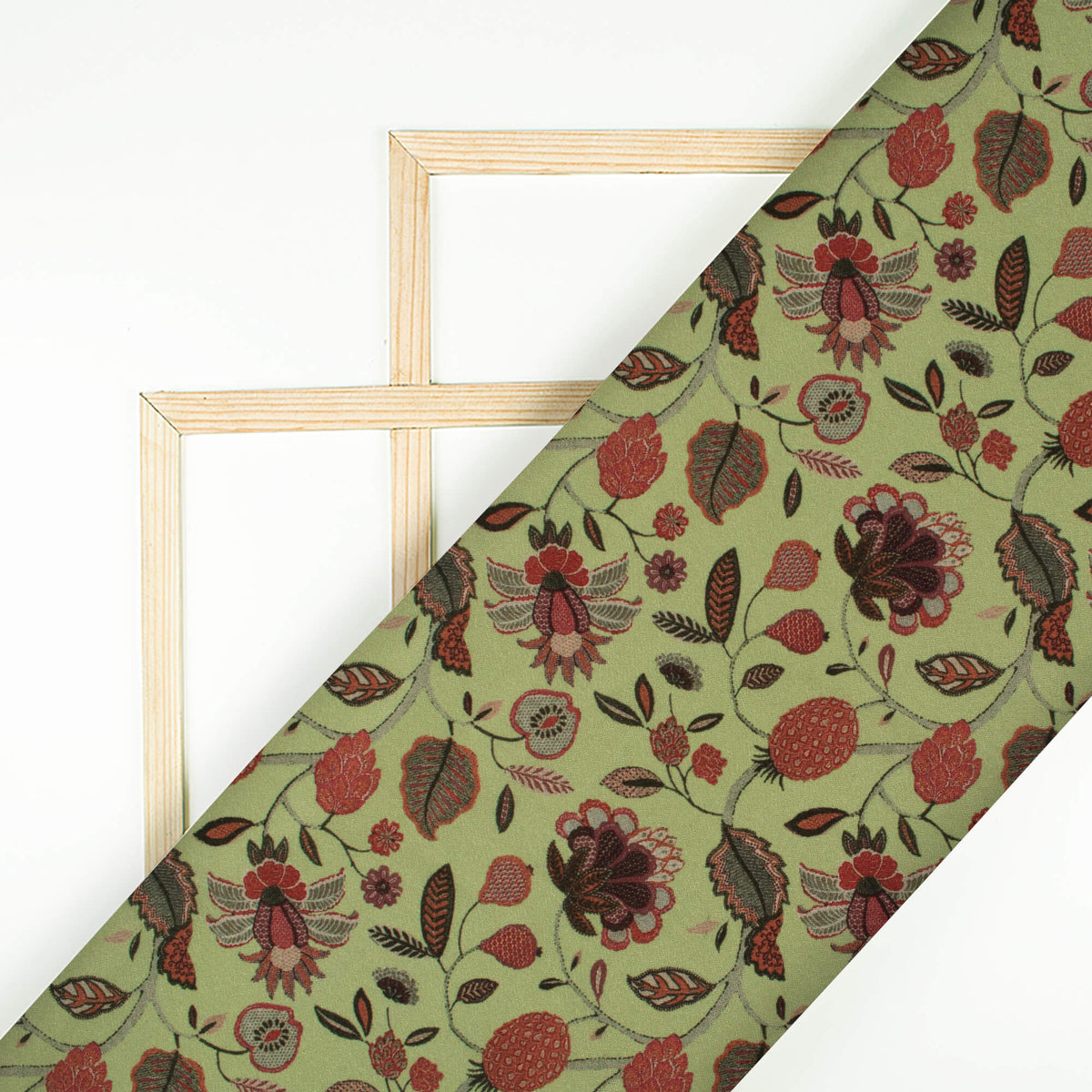 Elaichi Green And Maroon Floral Pattern Digital Print Crepe Silk Fabric