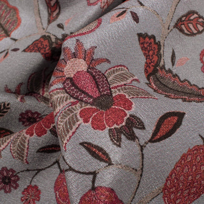 Slate Grey And Maroon Floral Pattern Digital Print Crepe Silk Fabric