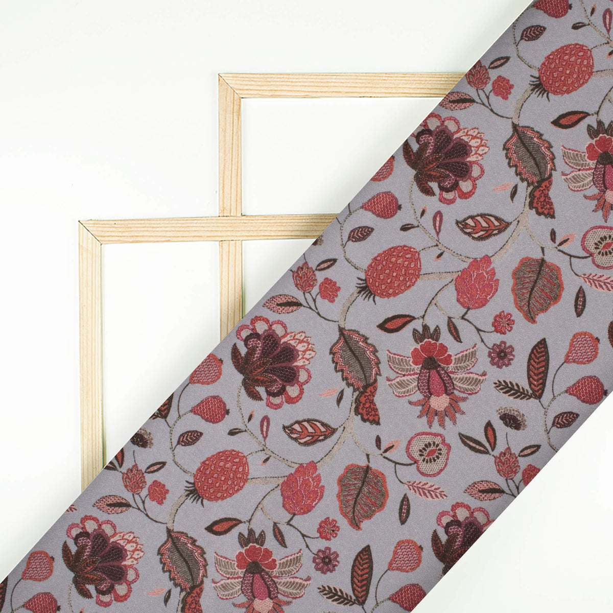 Slate Grey And Maroon Floral Pattern Digital Print Crepe Silk Fabric