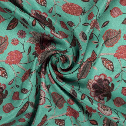 Dark Turquoise And Maroon Floral Pattern Digital Print Crepe Silk Fabric