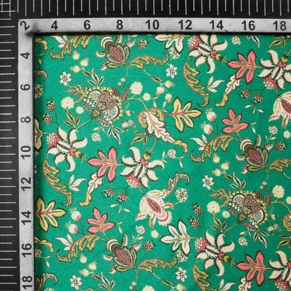 Forest Green And Beige Floral Pattern Digital Print Crepe Silk Fabric