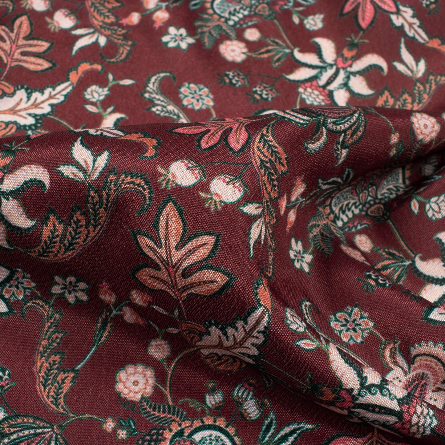 Maroon And Beige Floral Pattern Digital Print Crepe Silk Fabric