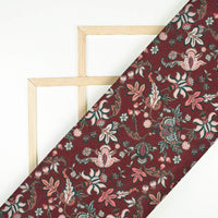 Maroon And Beige Floral Pattern Digital Print Crepe Silk Fabric