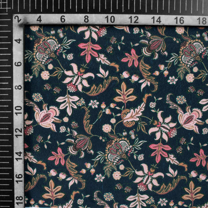 Prussian Blue And Beige Floral Pattern Digital Print Crepe Silk Fabric