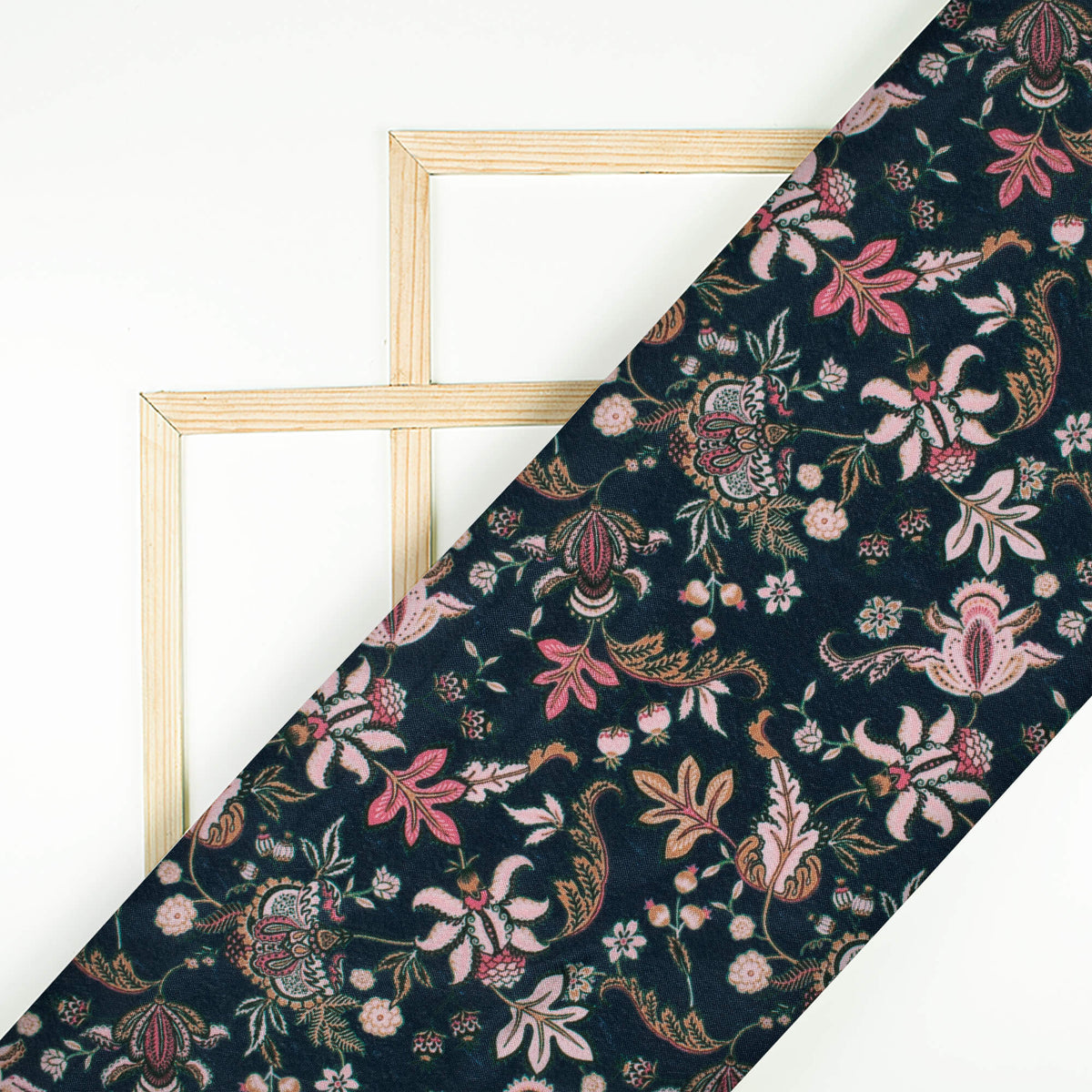 Prussian Blue And Beige Floral Pattern Digital Print Crepe Silk Fabric