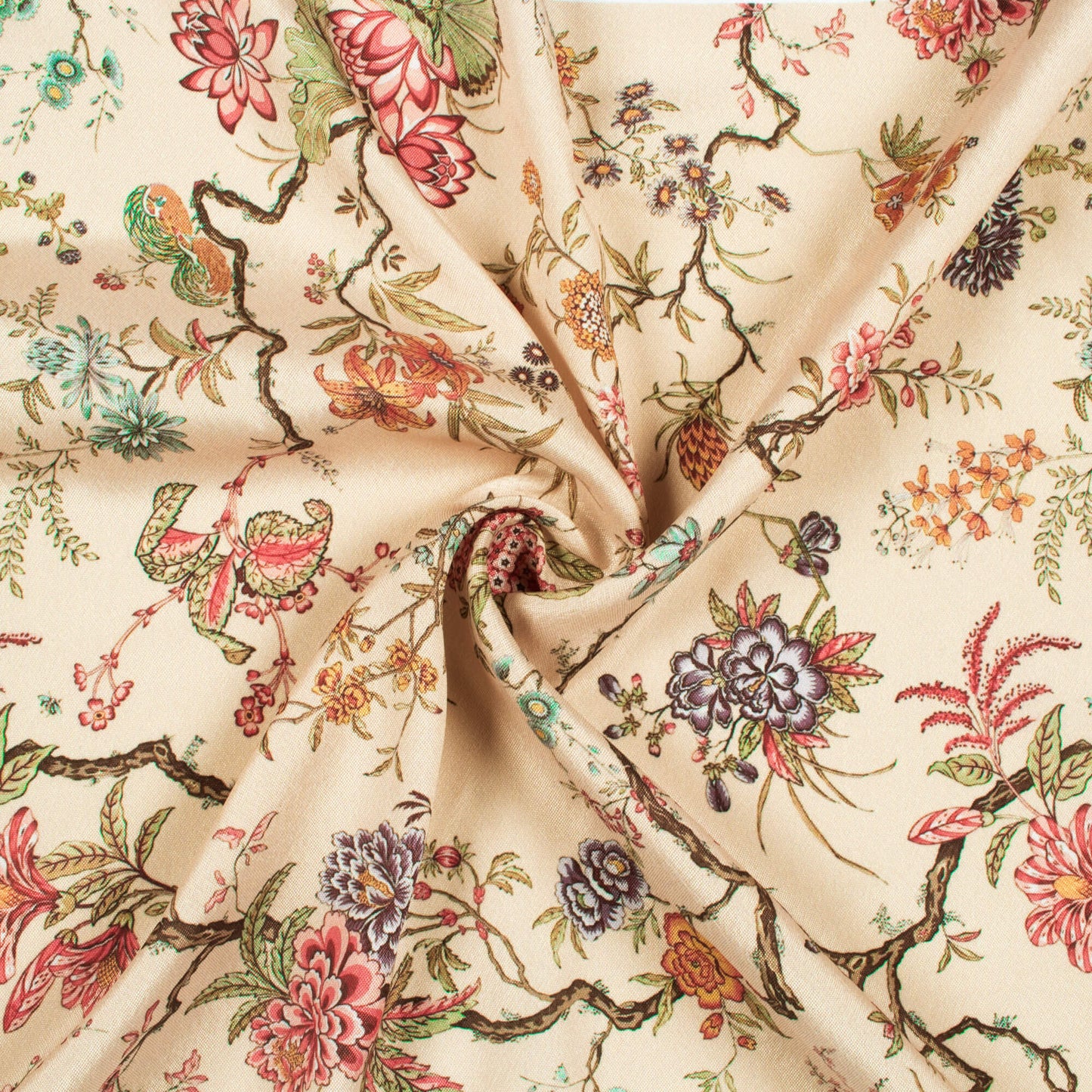 Cream And Pink Floral Pattern Digital Print Crepe Silk Fabric