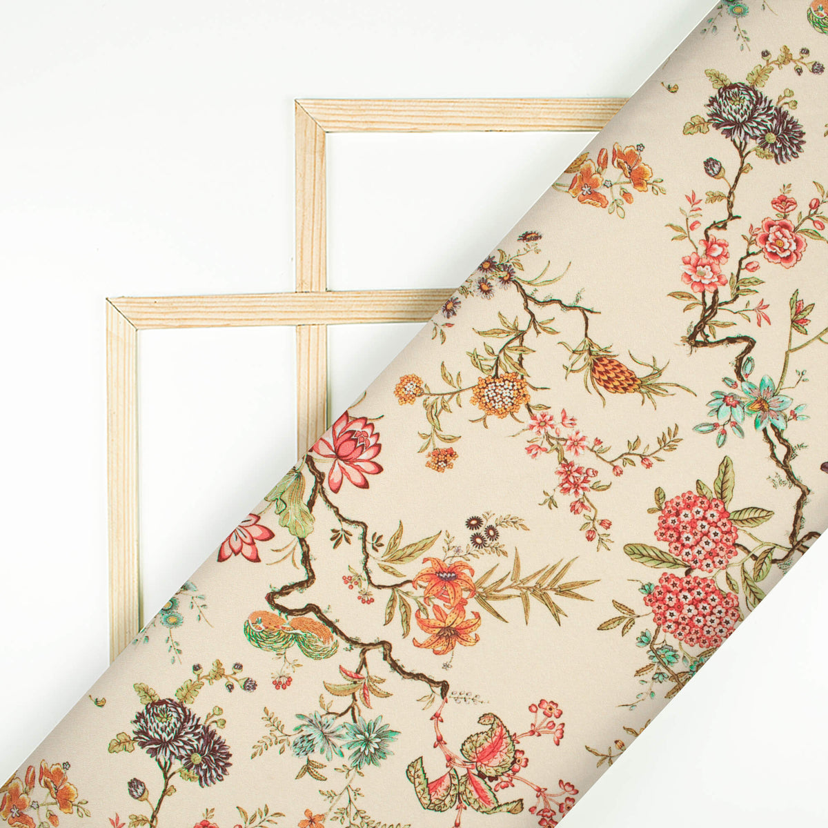 Cream And Pink Floral Pattern Digital Print Crepe Silk Fabric