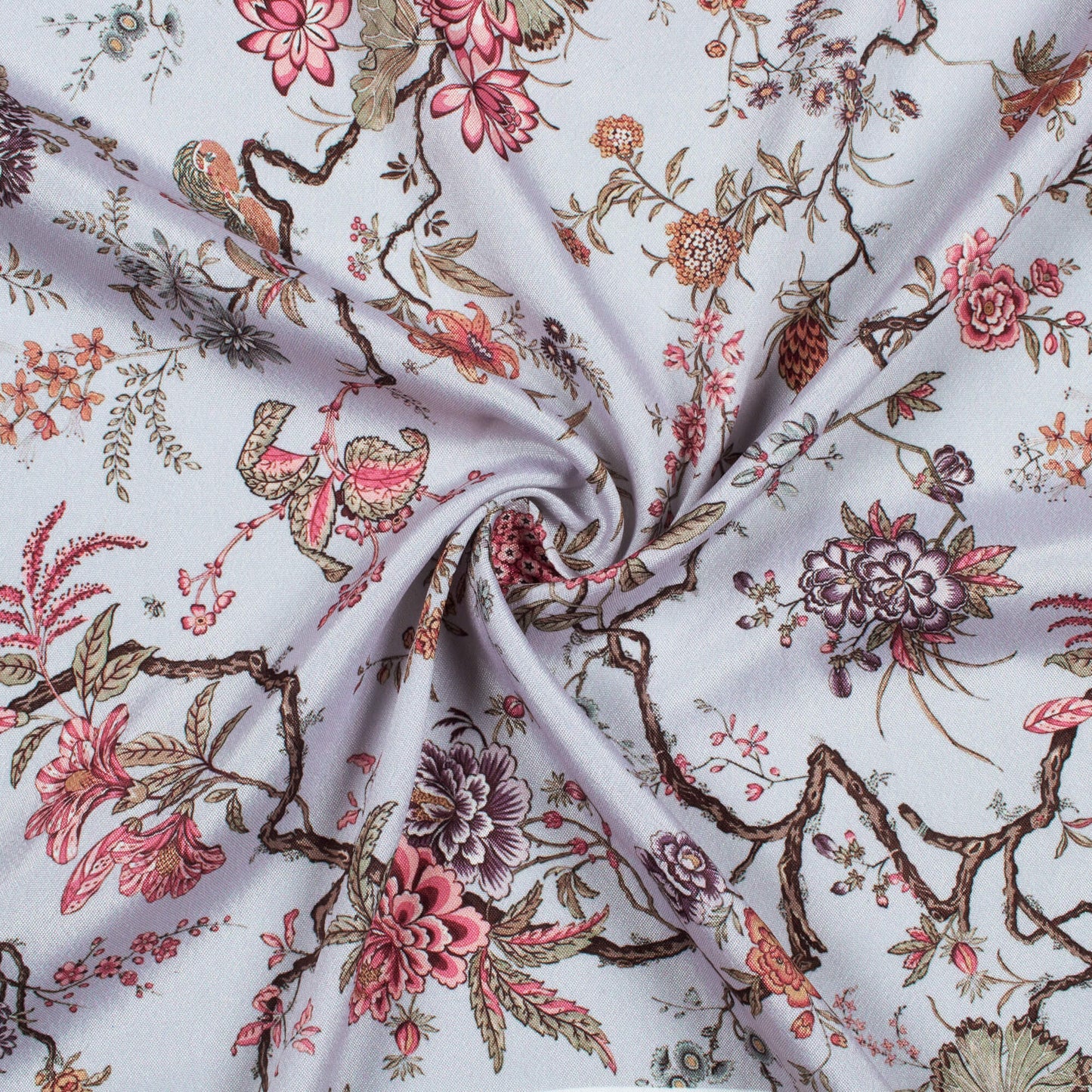 Pearl Grey And Pink Floral Pattern Digital Print Crepe Silk Fabric