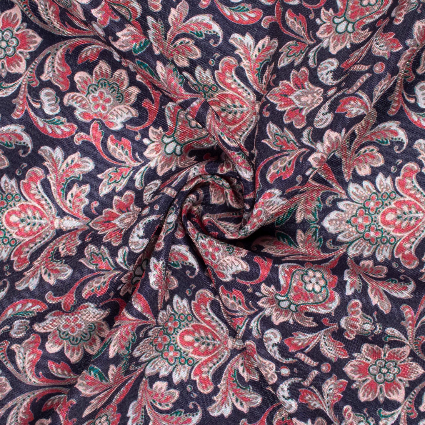 Prussian Blue And Red Floral Pattern Digital Print Crepe Silk Fabric