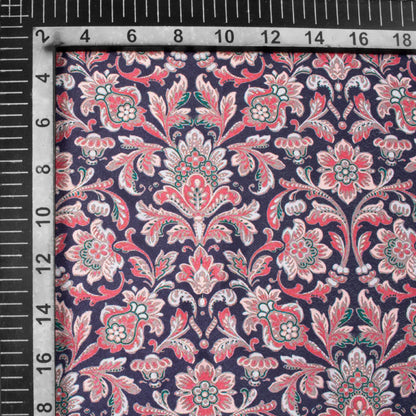 Prussian Blue And Red Floral Pattern Digital Print Crepe Silk Fabric