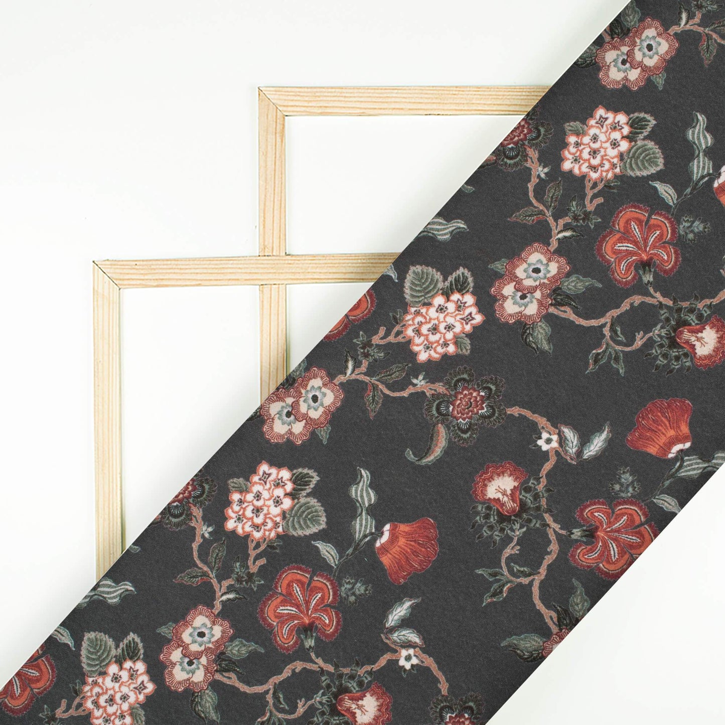 (Cut Piece 1.8 Mtr) Anchor Grey And Cream Floral Pattern Digital Print Crepe Silk Fabric