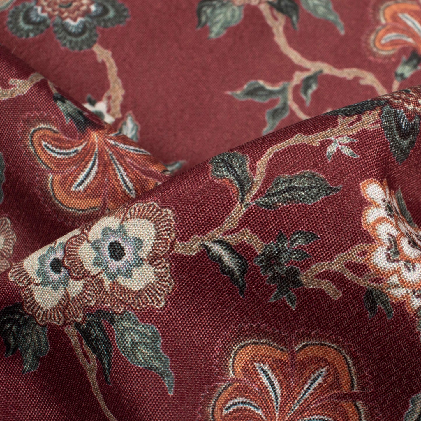 Maroon And Cream Floral Pattern Digital Print Crepe Silk Fabric