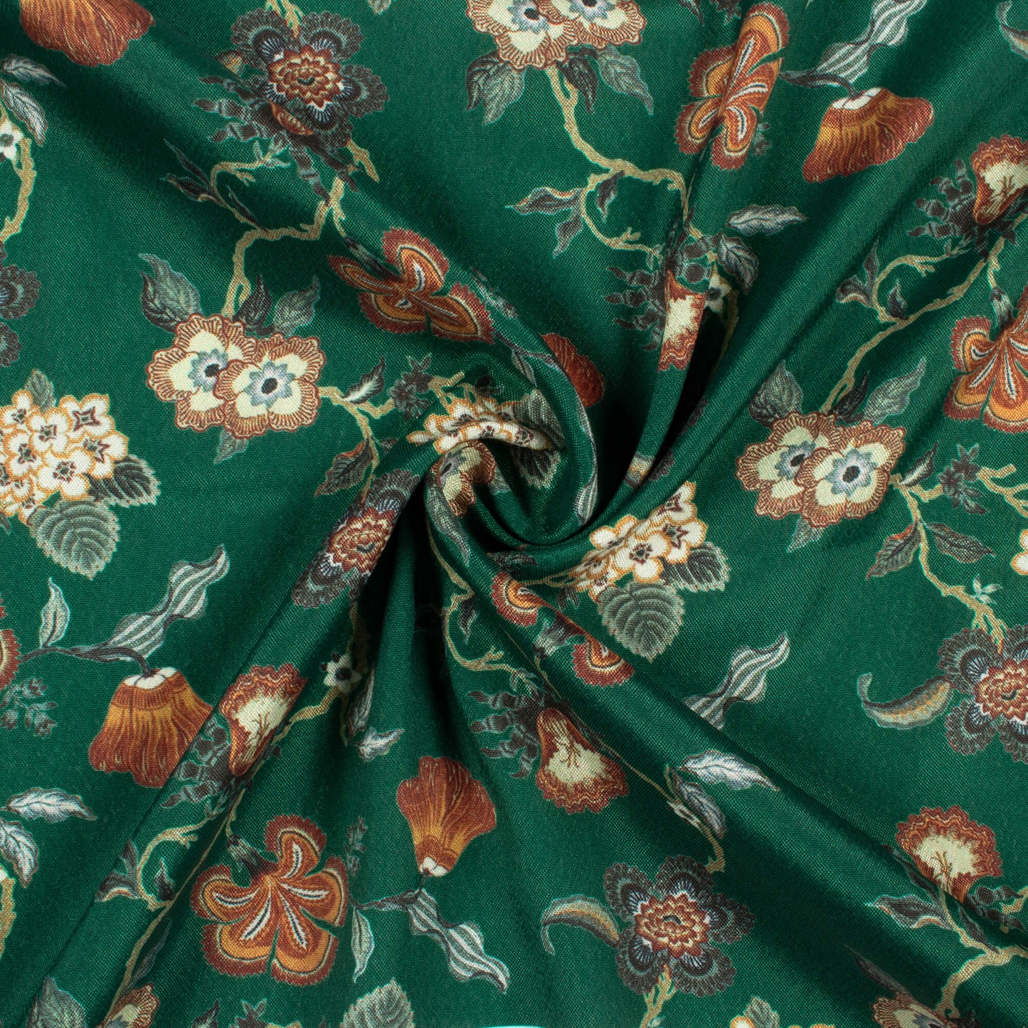 Forest Green And Cream Floral Pattern Digital Print Crepe Silk Fabric