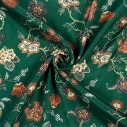 Forest Green And Cream Floral Pattern Digital Print Crepe Silk Fabric