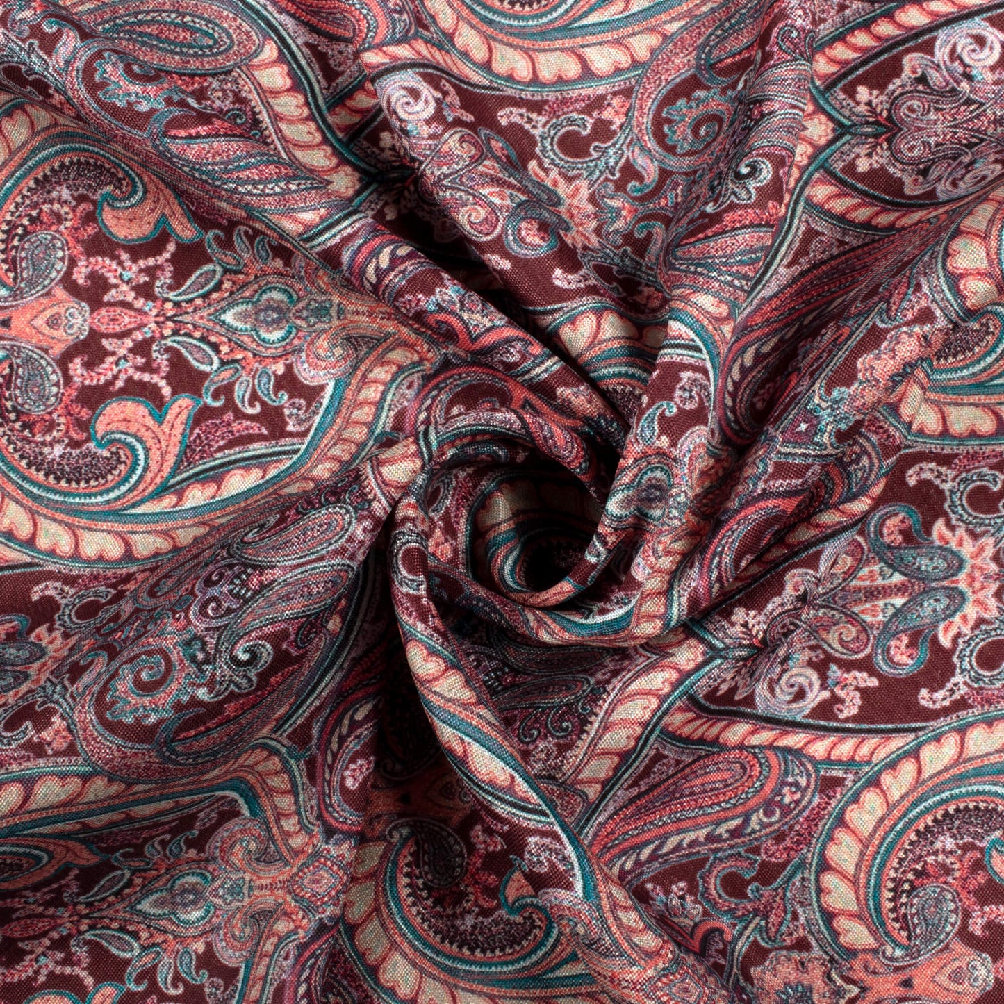 Maroon And Cream Paisley Pattern Digital Print Crepe Silk Fabric