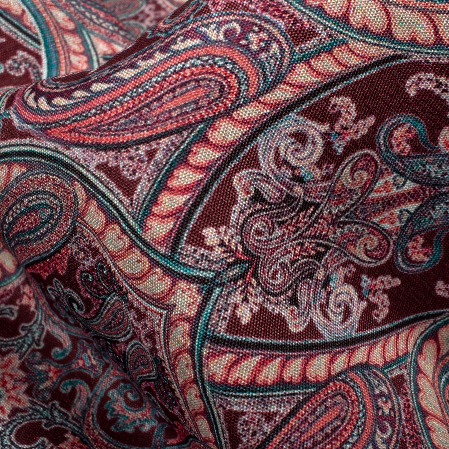 Maroon And Cream Paisley Pattern Digital Print Crepe Silk Fabric