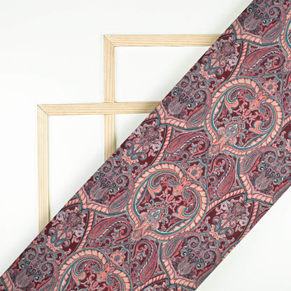 Maroon And Cream Paisley Pattern Digital Print Crepe Silk Fabric