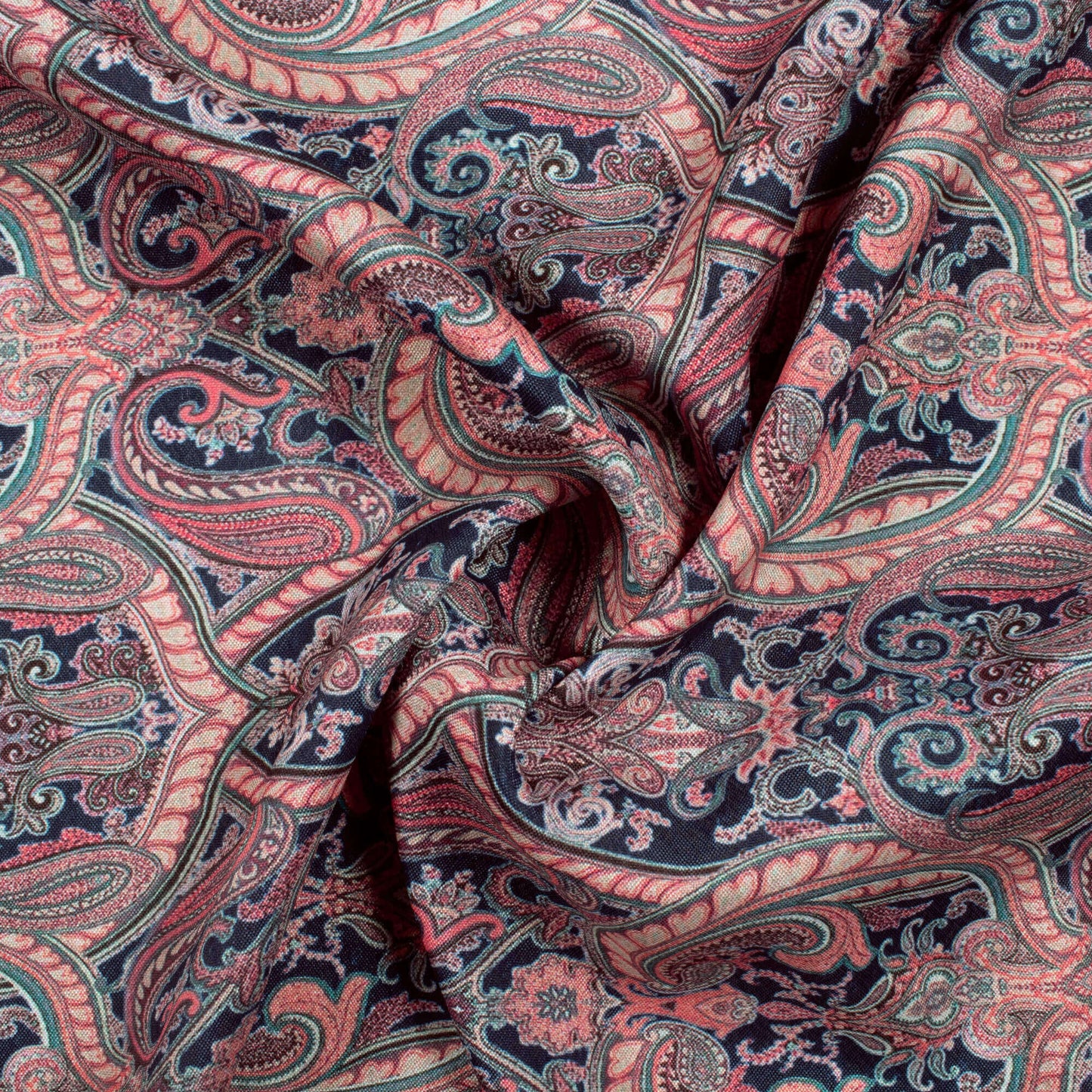 Prussian Blue And Cream Paisley Pattern Digital Print Crepe Silk Fabric