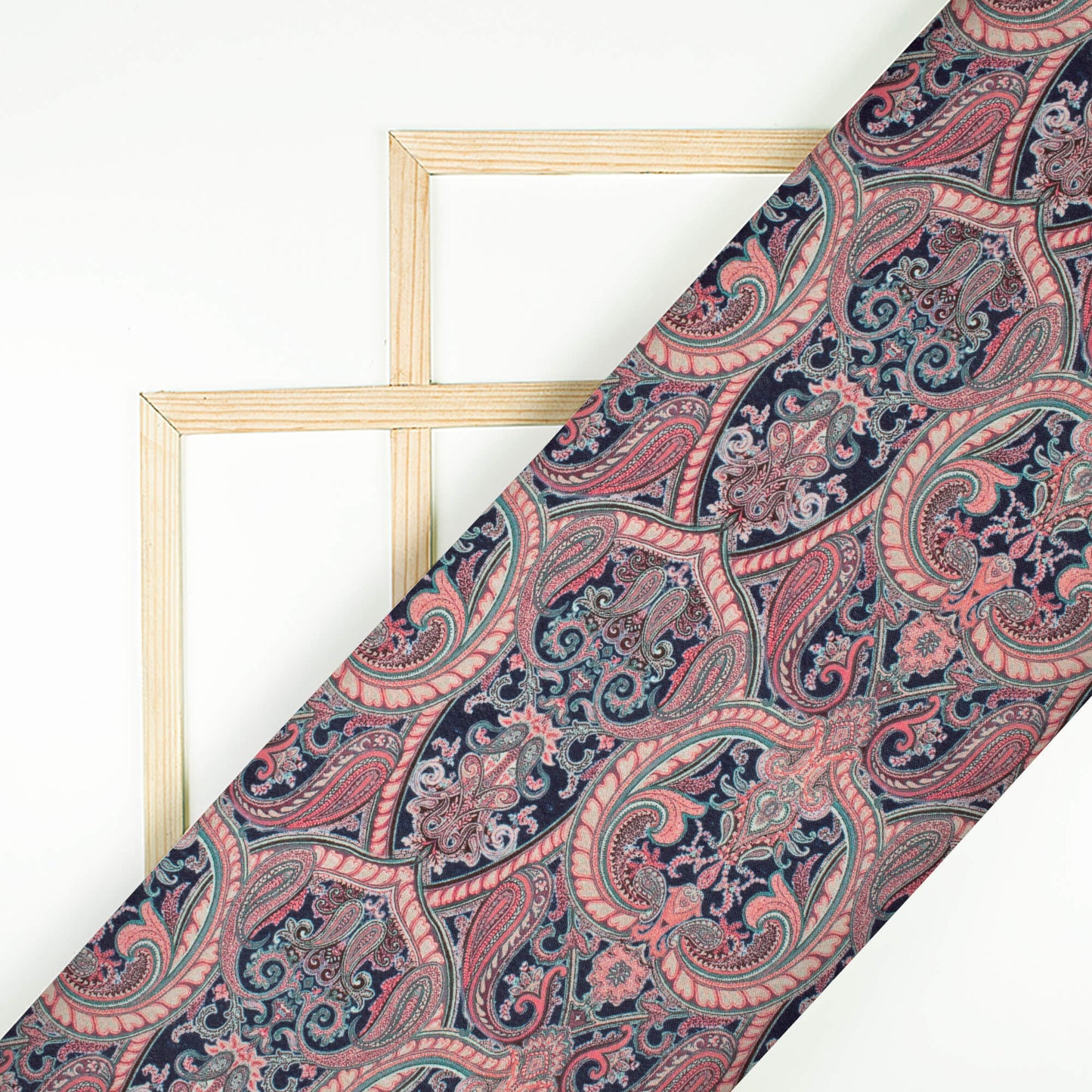 Prussian Blue And Cream Paisley Pattern Digital Print Crepe Silk Fabric