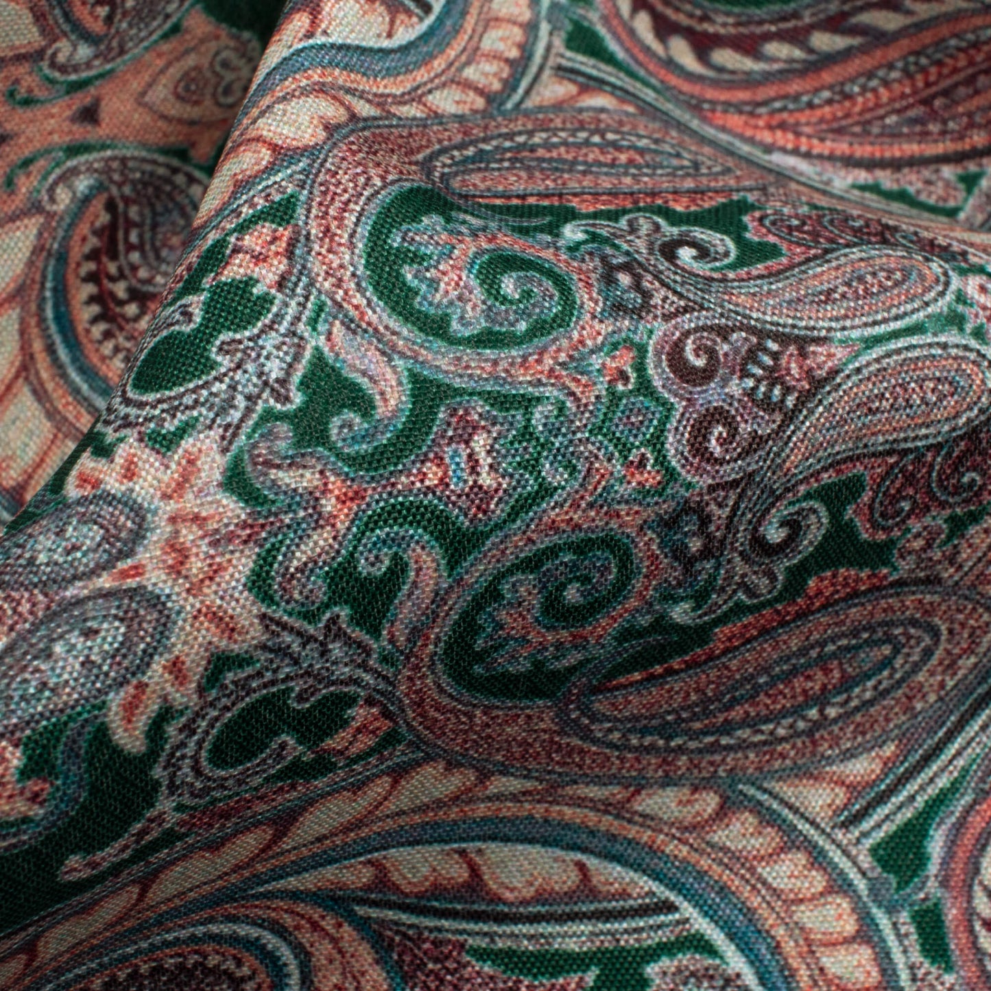Forest Green And Cream Paisley Pattern Digital Print Crepe Silk Fabric