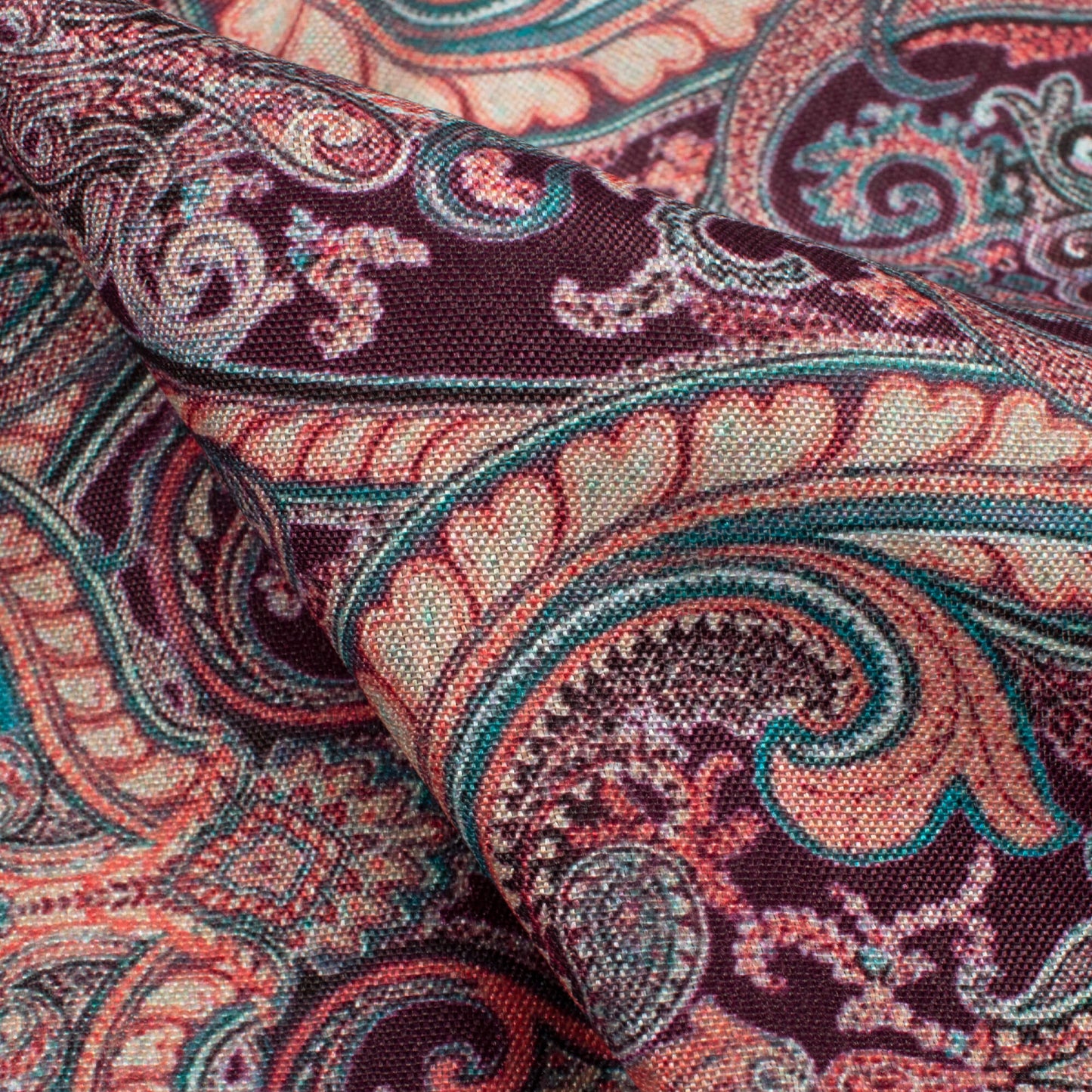 Burgandy And Cream Paisley Pattern Digital Print Crepe Silk Fabric