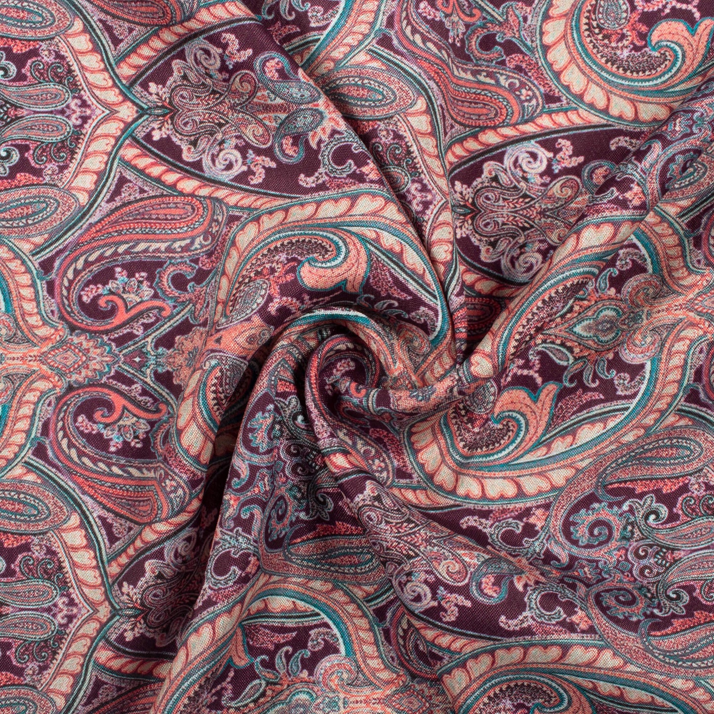 Burgandy And Cream Paisley Pattern Digital Print Crepe Silk Fabric