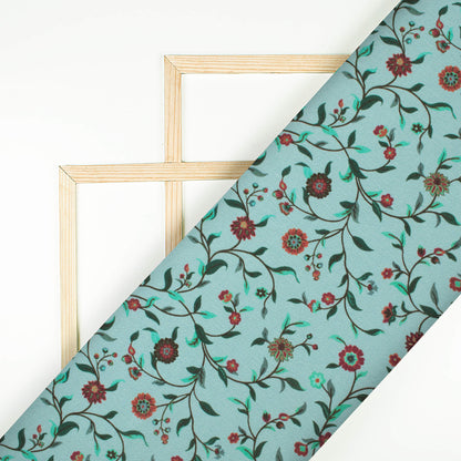 Pale Turquoise And Maroon Floral Pattern Digital Print Crepe Silk Fabric