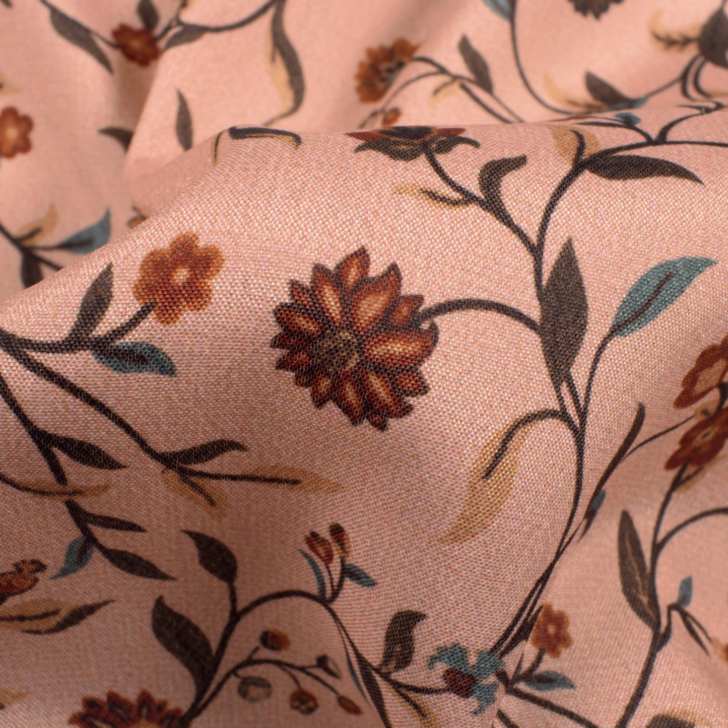 Peach And Maroon Floral Pattern Digital Print Crepe Silk Fabric