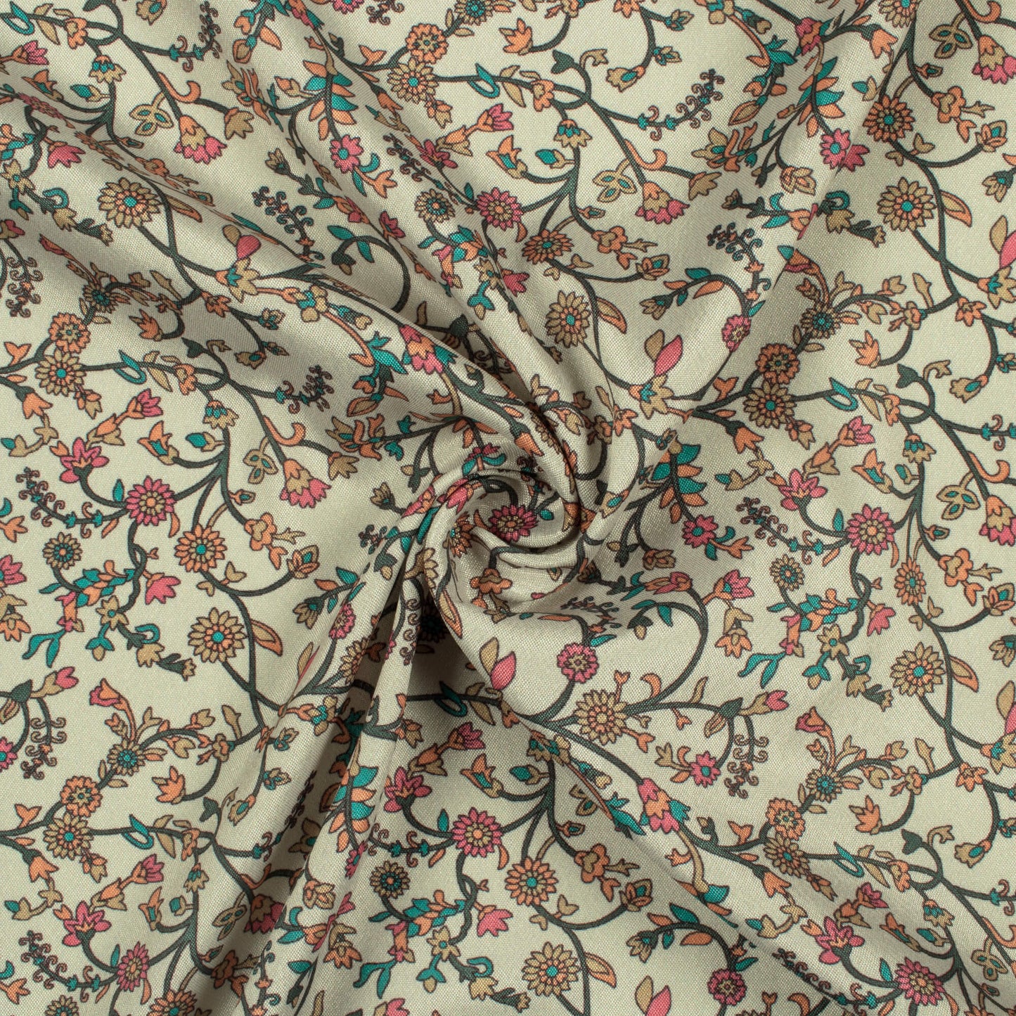 Beige And Green Floral Pattern Digital Print Crepe Silk Fabric