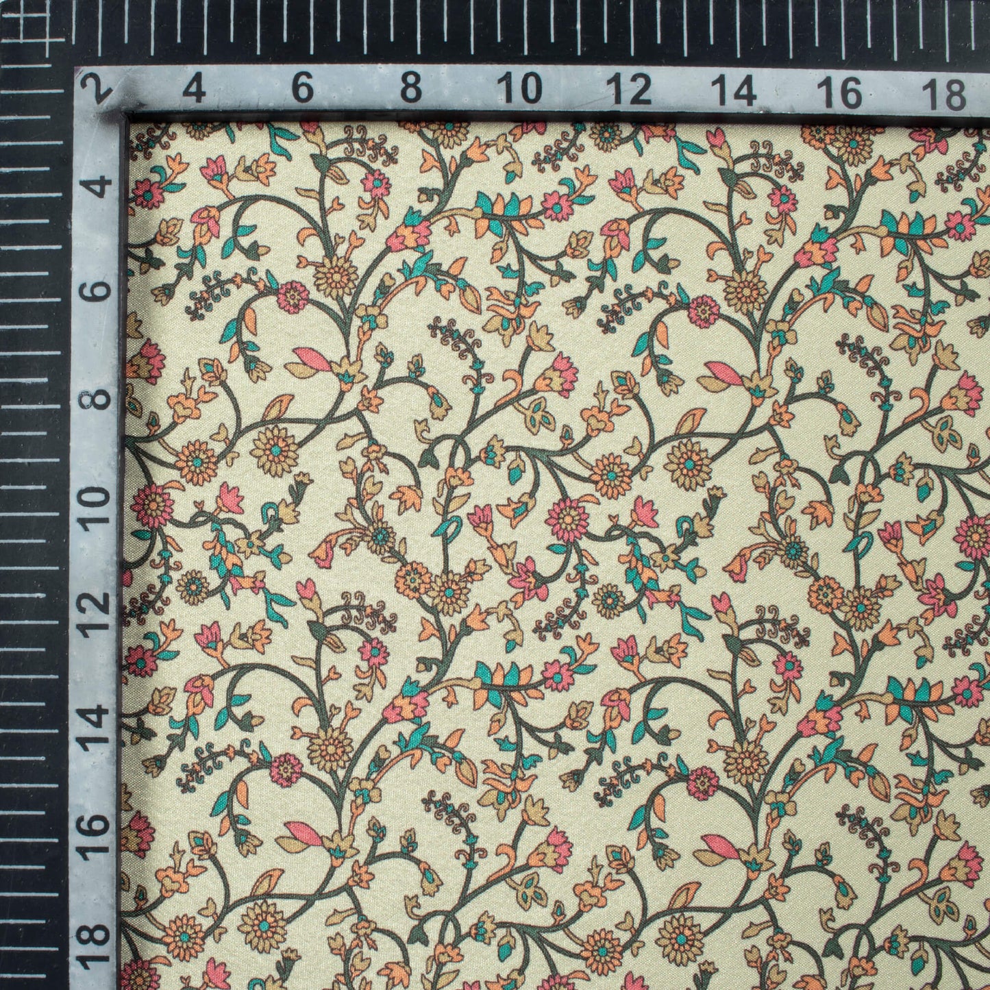 Beige And Green Floral Pattern Digital Print Crepe Silk Fabric