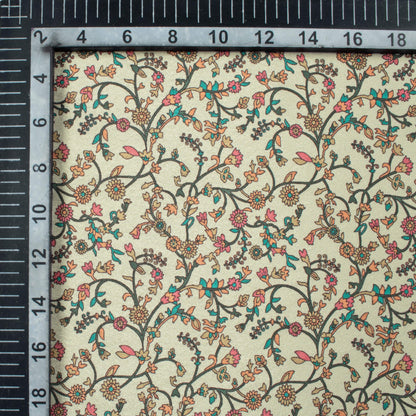Beige And Green Floral Pattern Digital Print Crepe Silk Fabric