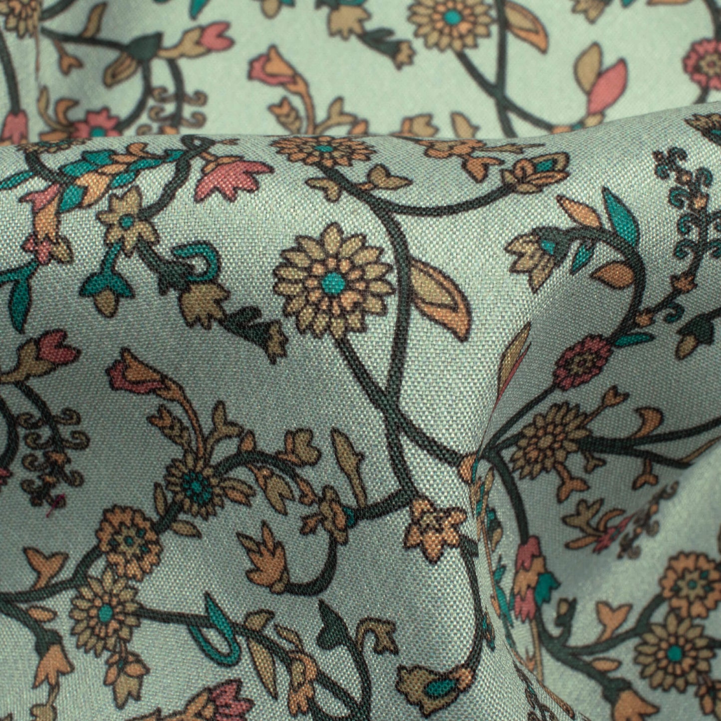 Light Steel Blue And Green Floral Pattern Digital Print Crepe Silk Fabric