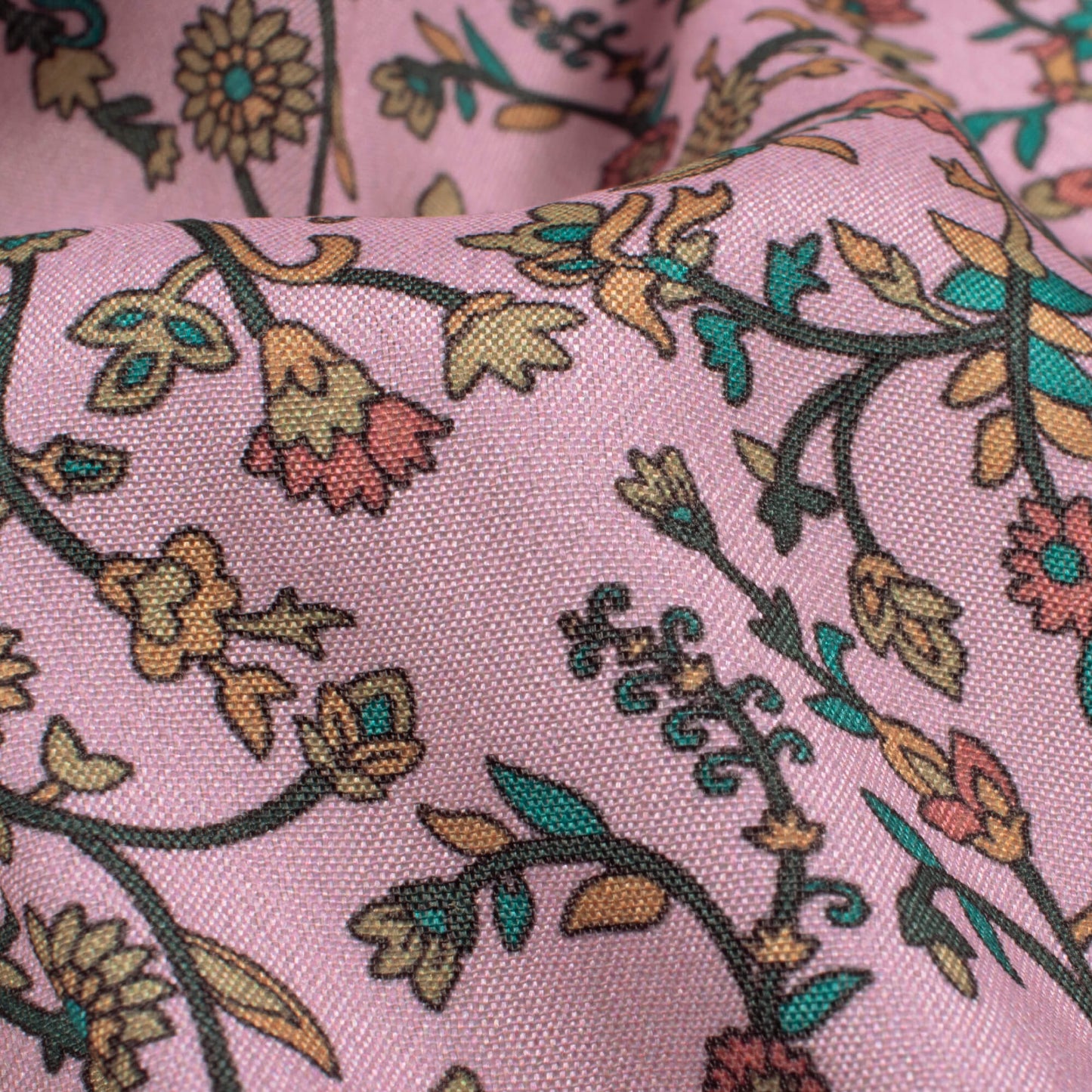 Taffy Pink And Green Floral Pattern Digital Print Crepe Silk Fabric