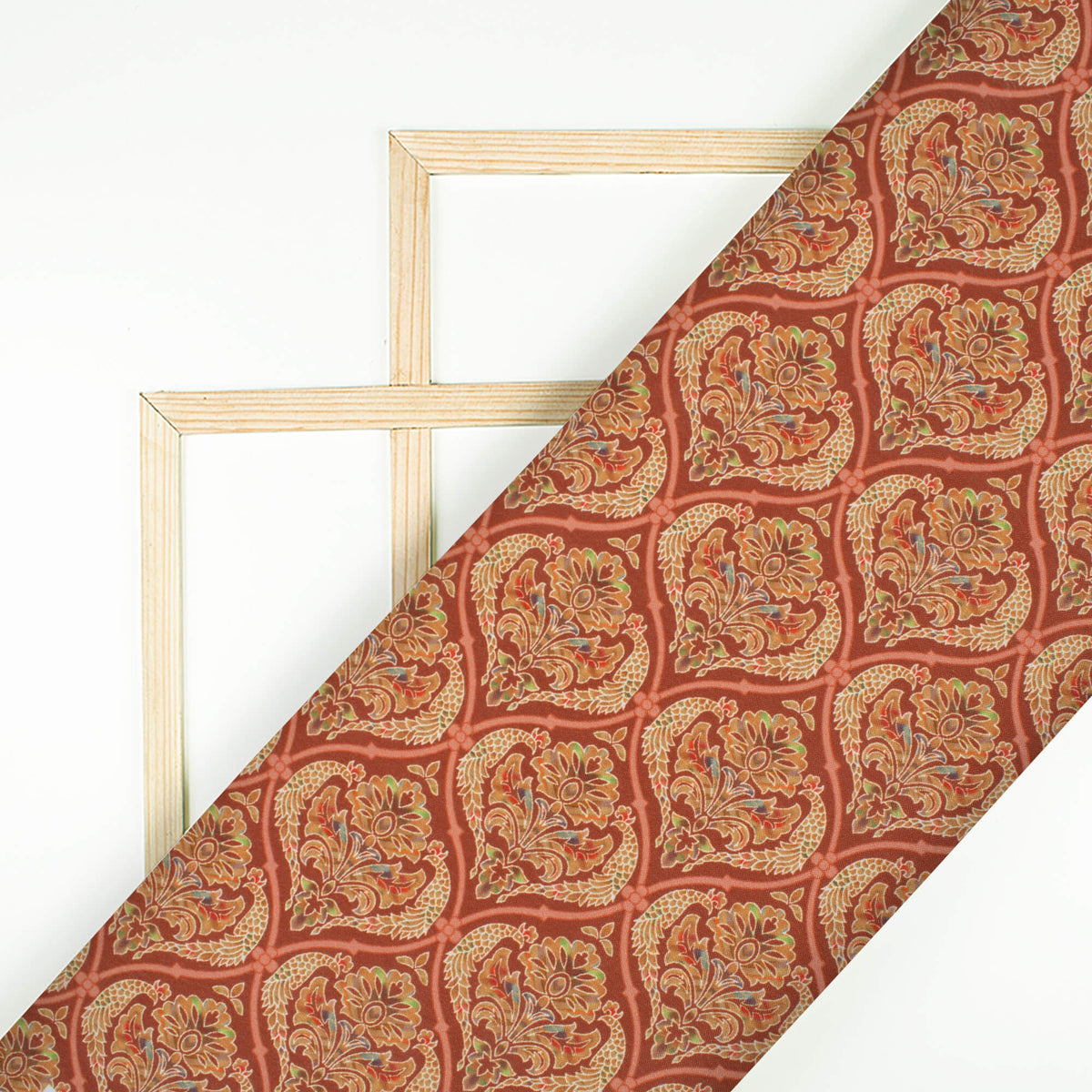 Barn Red And Cream Trellis Pattern Digital Print Crepe Silk Fabric