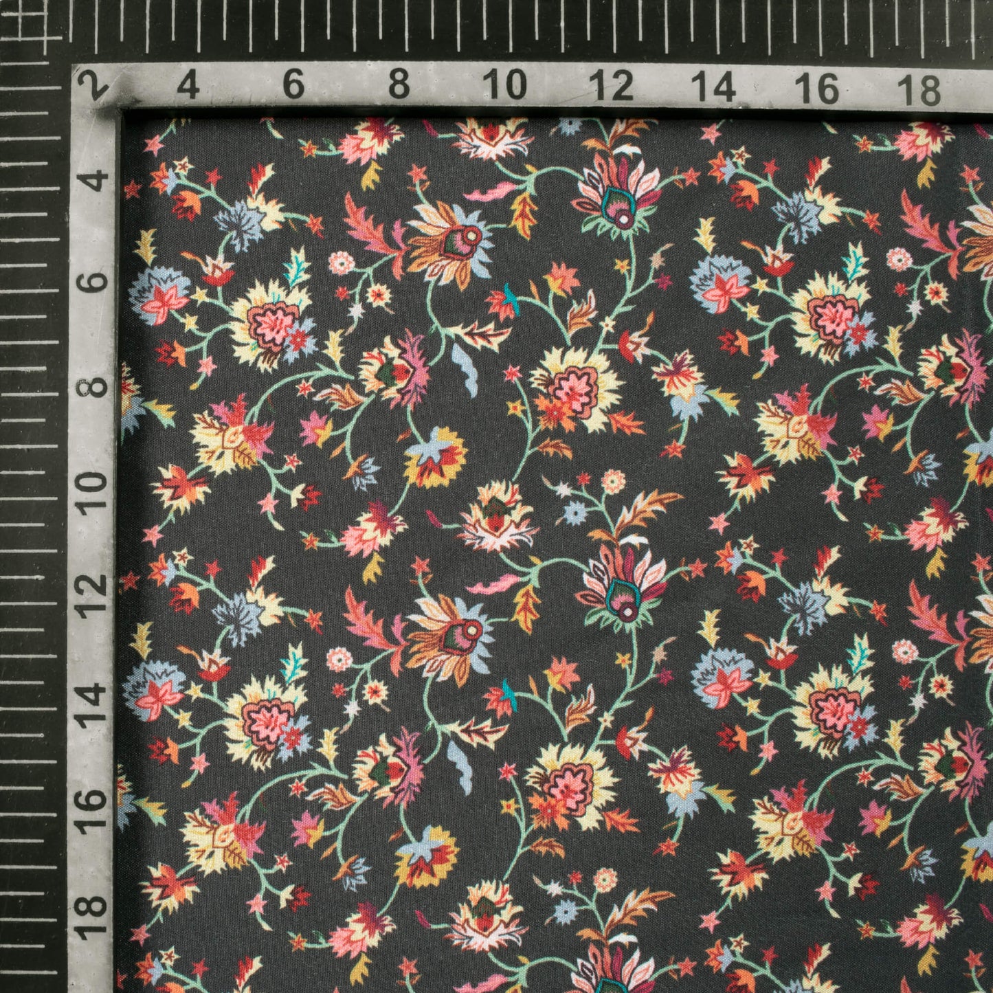 Black Floral Pattern Digital Print Crepe Silk Fabric