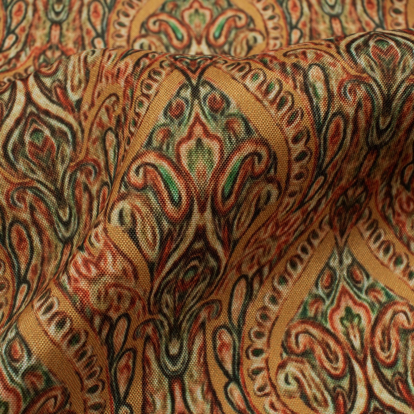 Mustard Yellow And Red Ethnic Pattern Digital Print Crepe Silk Fabric