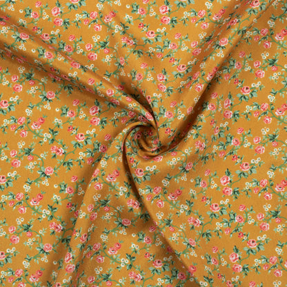 Goldenrod Yellow And Green Floral Pattern Digital Print Crepe Silk Fabric