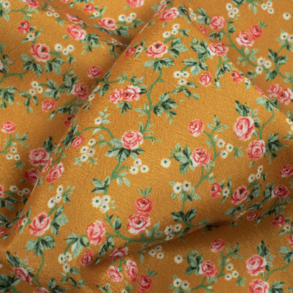 Goldenrod Yellow And Green Floral Pattern Digital Print Crepe Silk Fabric