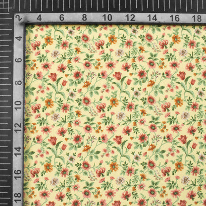 Banana Yellow And Pink Floral Pattern Digital Print Crepe Silk Fabric