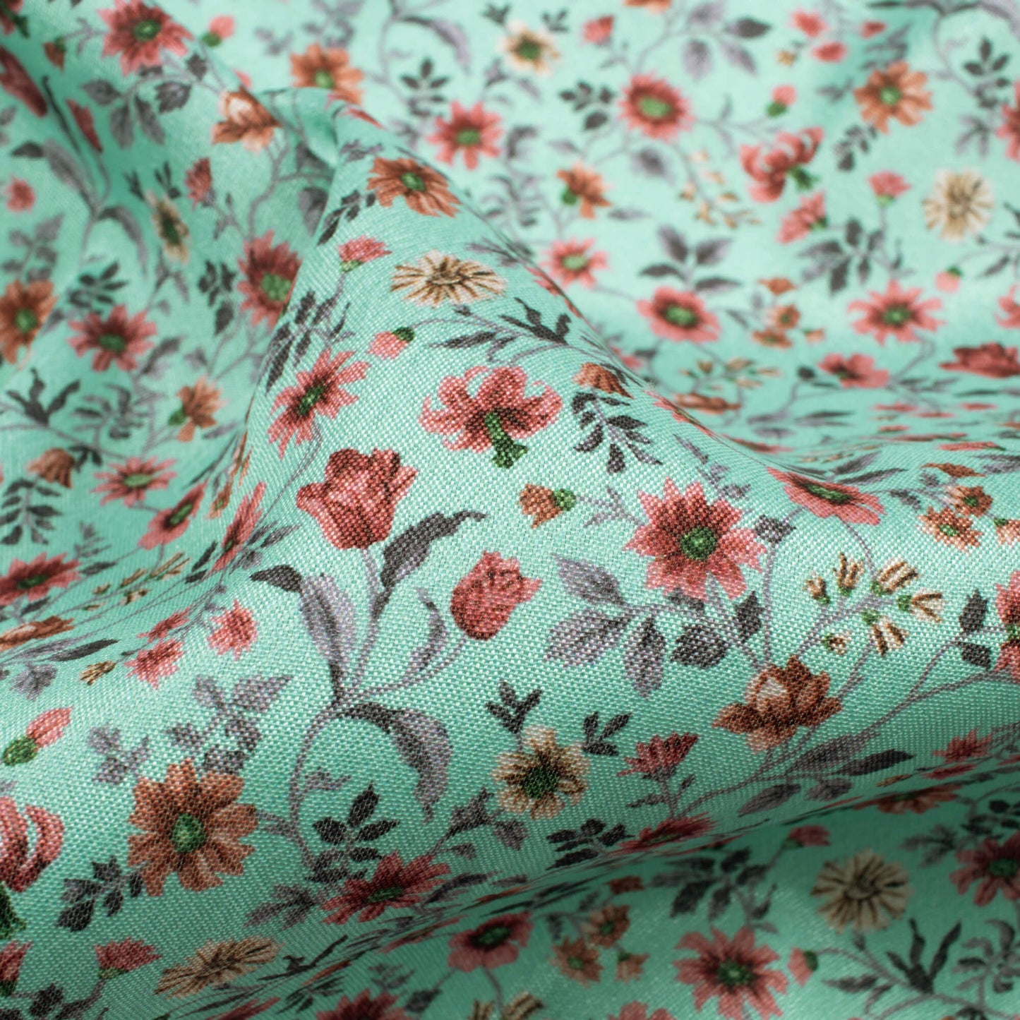 Sky Blue And Pink Floral Pattern Digital Print Crepe Silk Fabric