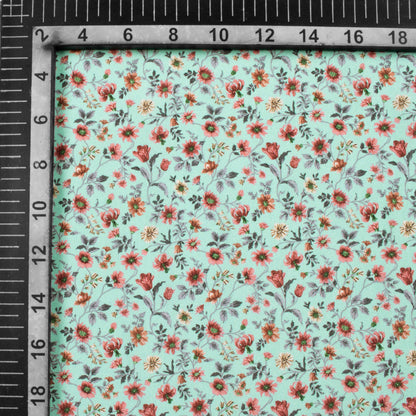 Sky Blue And Pink Floral Pattern Digital Print Crepe Silk Fabric