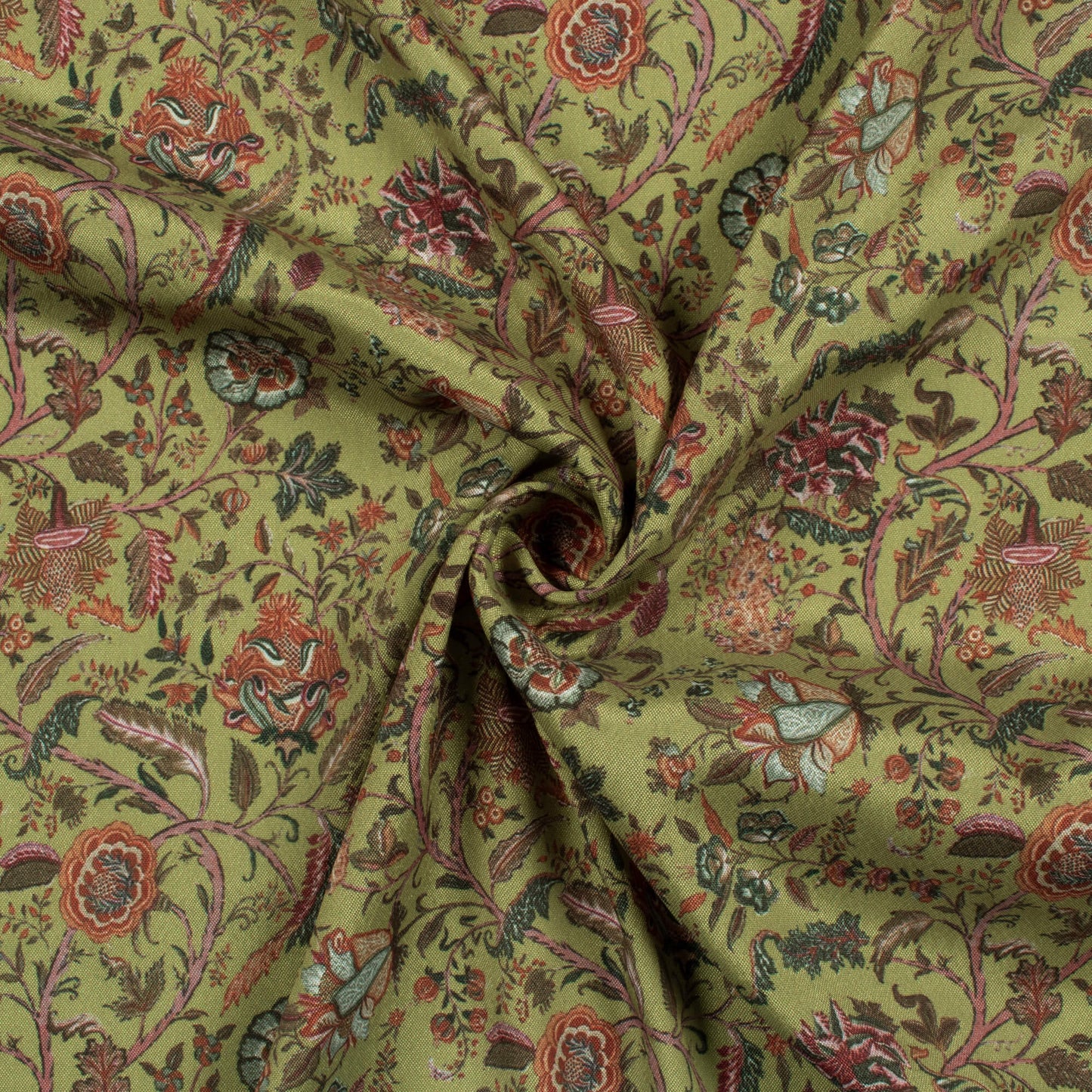 Olive Green Floral Pattern Digital Print Crepe Silk Fabric